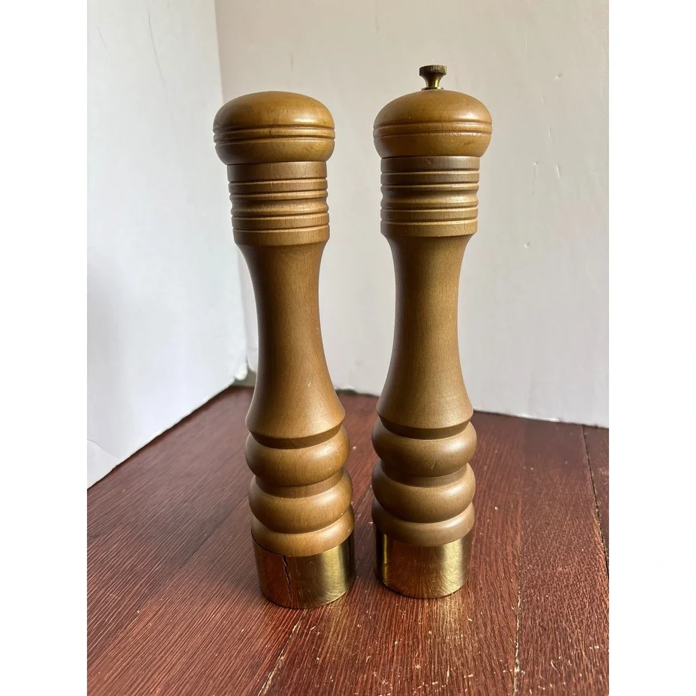 Vintage Nasco Wood Salt Shaker and Pepper Mill Set MCM Japan Brass Trim 10 Inch